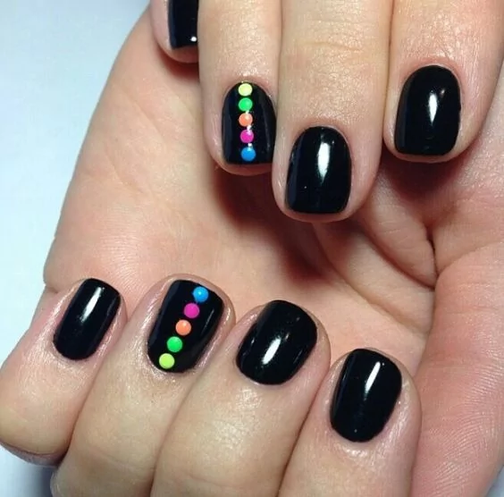 Neon Dots on Black Nails 